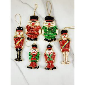 Christmas Ornament Sequins And Beaded Soldiers 4" Handmade 90's Two Sided x6 Vtg